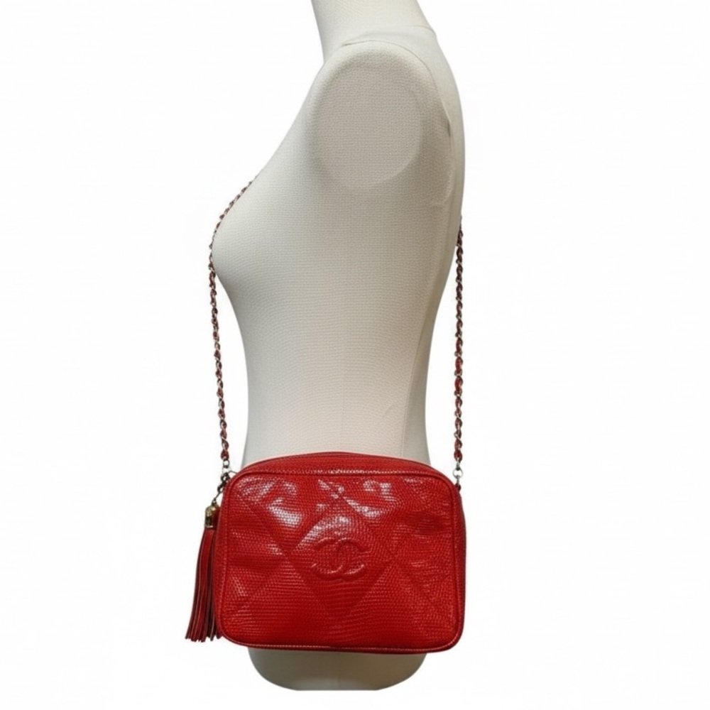 CHANEL Camera Bag Red Exotic Lizard w/ Tassel, Chain Strap - Vintage - Picture 2 of 16